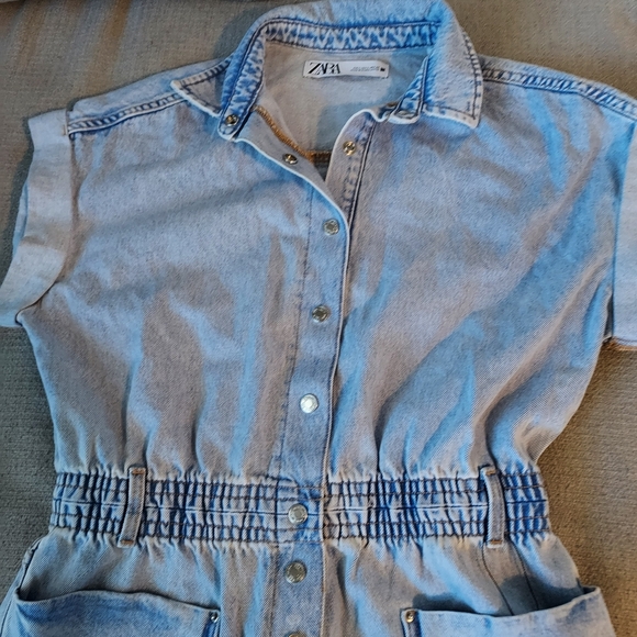 Zara Denim Romper Raw Hem Snap Button Closure Sz-L - Picture 5 of 10